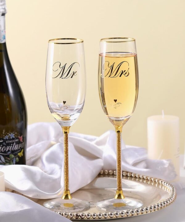 DUJUST Crystal Glass Wedding Champagne Flutes, Mr & Mrs Champagne Glasses with Handcrafted Gold Rim & 24K Gold Leaf Flakes, Square Bride and Groom Champagne Flutes, Valentine's Day Gift, Gift Package