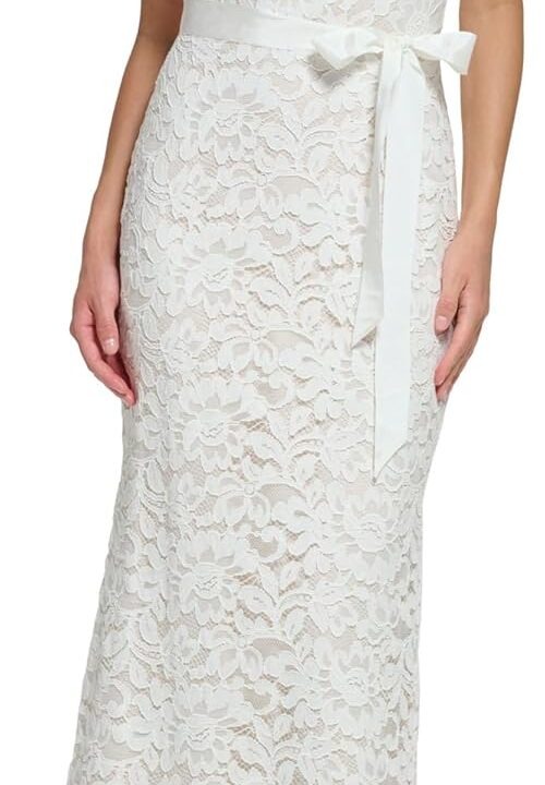 Eliza J Women's One Shoulder Tie Waist Lace Wedding Gown