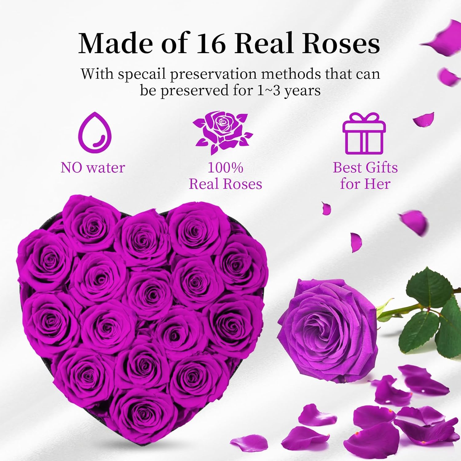 16 Flowers Forever in Heart Shape Box, Eternal Rose, Preserved Roses, Immortal Roses Birthday Gift for Her, Women, Mothers Day gifts for mom – Purple Rose