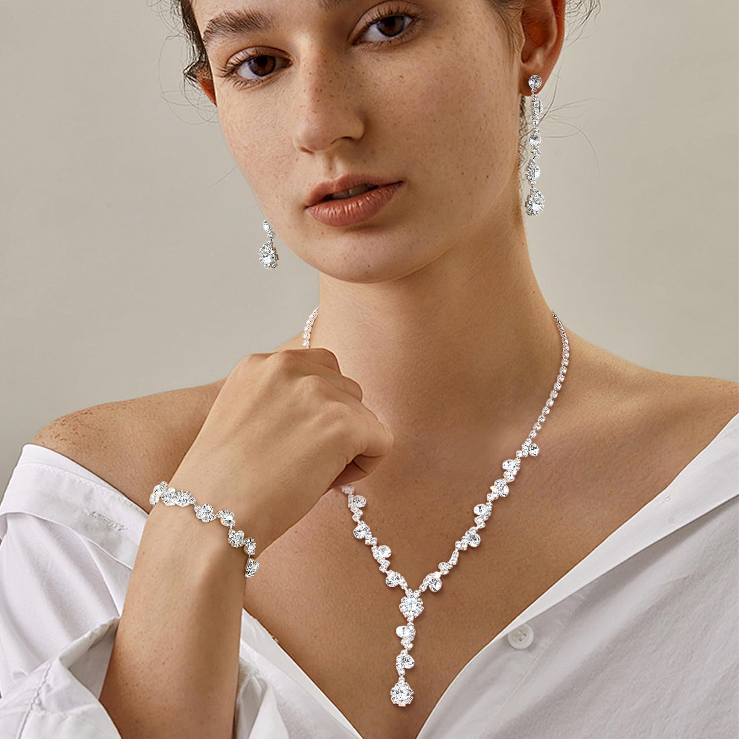 FUNRUN JEWELRY Silver Jewelry Set for Women Rhinestone Necklace and Earrings Bridal Wedding Jewelry Sets for Brides Bridesmaid Crystal Wedding Prom Jewelry