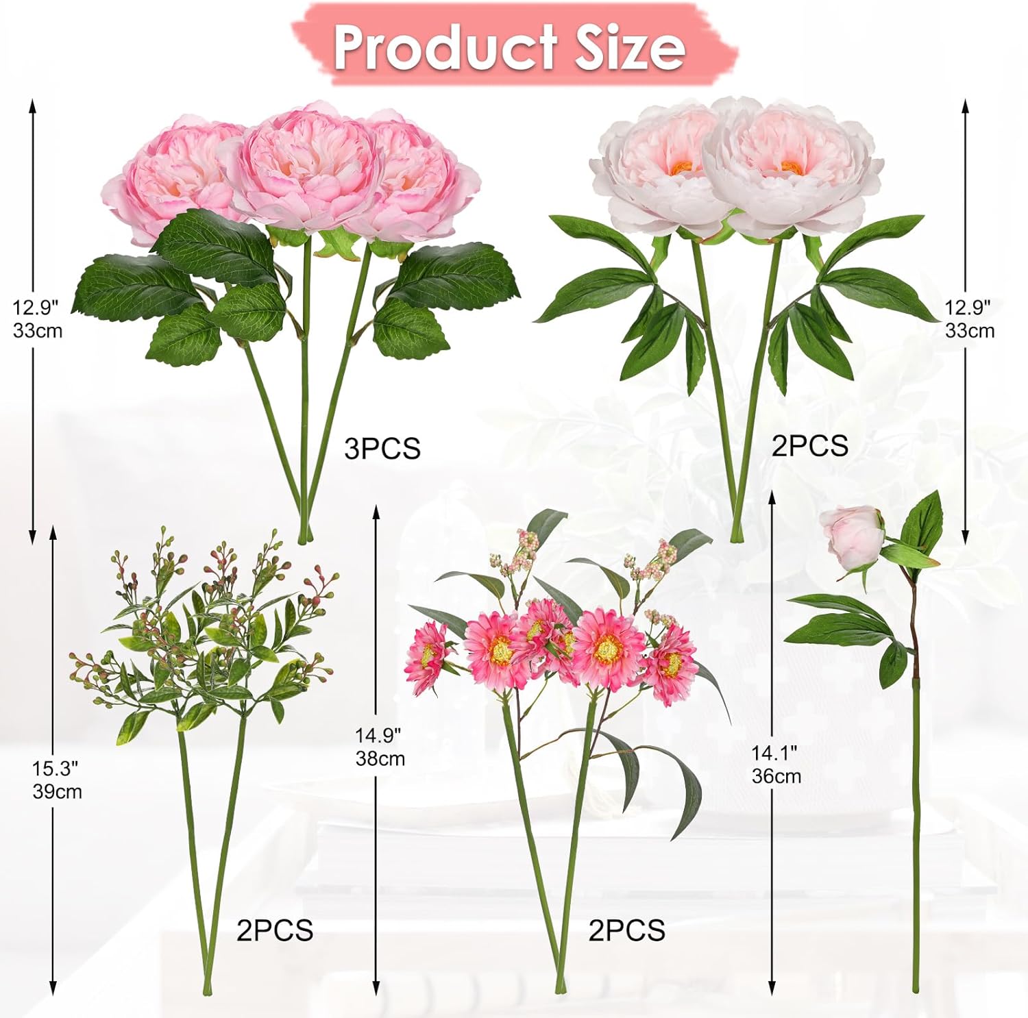 10PCS Hot Pink Flowers Artificial Peonies Silk Flowers with Stems Realistic Faux Peony and Daisies Fake Flowers for Vase Floral Centerpiece Arrangements Wedding DIY Bridal Bouquet Party Home Decor