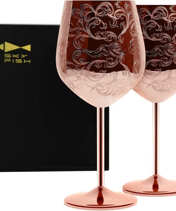 Sky Fish Etched Stainless Steel Wine Glasses With Copper Plated,Set of 2(17oz) Wine Goblets