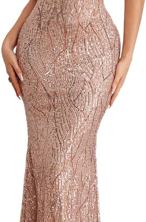 One Shoulder Formal Evening Gowns Sequin Mermaid Maxi Dress for Wedding Guest