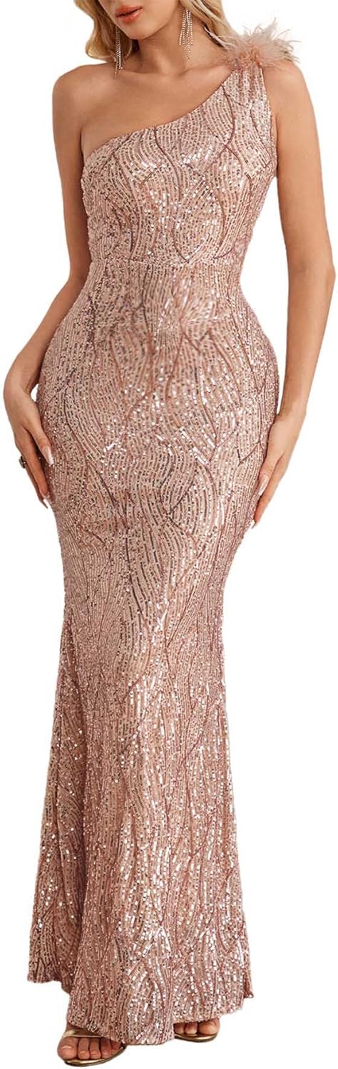 One Shoulder Formal Evening Gowns Sequin Mermaid Maxi Dress for Wedding Guest
