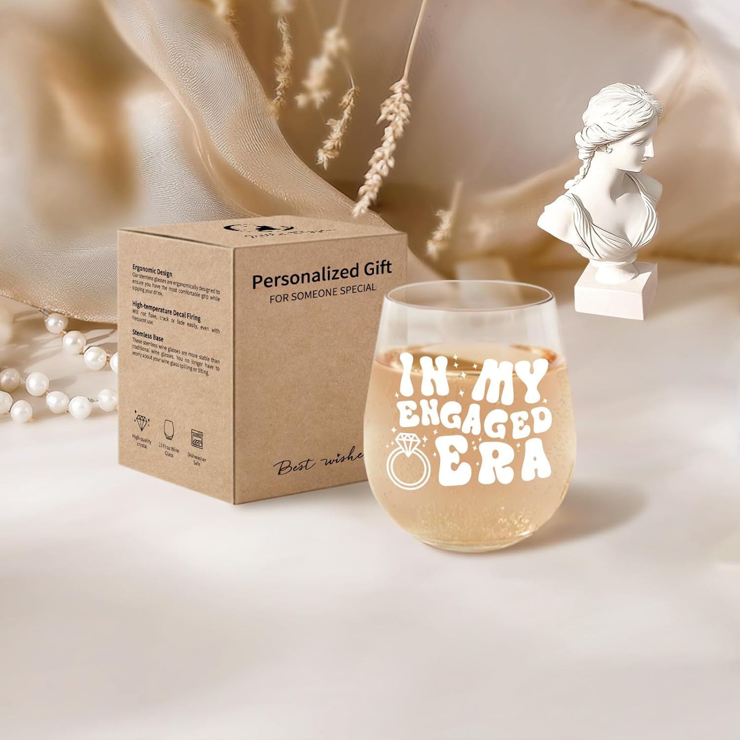 LITTLEBIGGER Engagement Gifts for Couple – Bride Wine Glass Elegant Engagement Gifts for Women, 15 oz Scratch-Resistant Wine Glasses – Future Mrs Keepsake, In My Engaged Era Design (White)