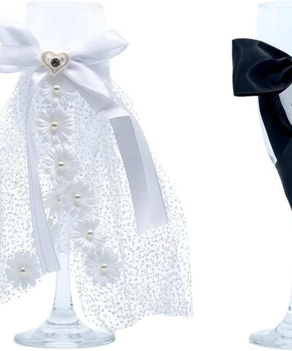 Stephanie Imports White Floral Wedding Dress with Black Tuxedo - Bride and Groom Wedding Glass Champagne Flutes (Set of 2)