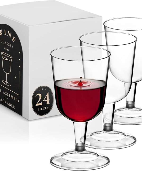 DecorRack 24 Pack Plastic Wine Glasses, 6 Oz BPA-Free Plastic Cups, Shatter-Resistant, Disposable Wine Glasses Set for Weddings, Outdoor Parties, Picnics, Reusable and Stackable (Pack of 24)