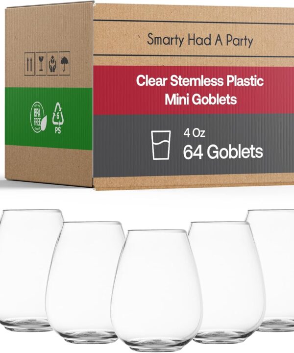 Smarty Had A Party 4 oz Plastic Stemless Wine Glasses (64 Pieces)  Disposable Goblets & Plastic Water Goblets for Wedding Bulk  Wine Glasses Disposable Classy for Toast, for Tastings and Parties