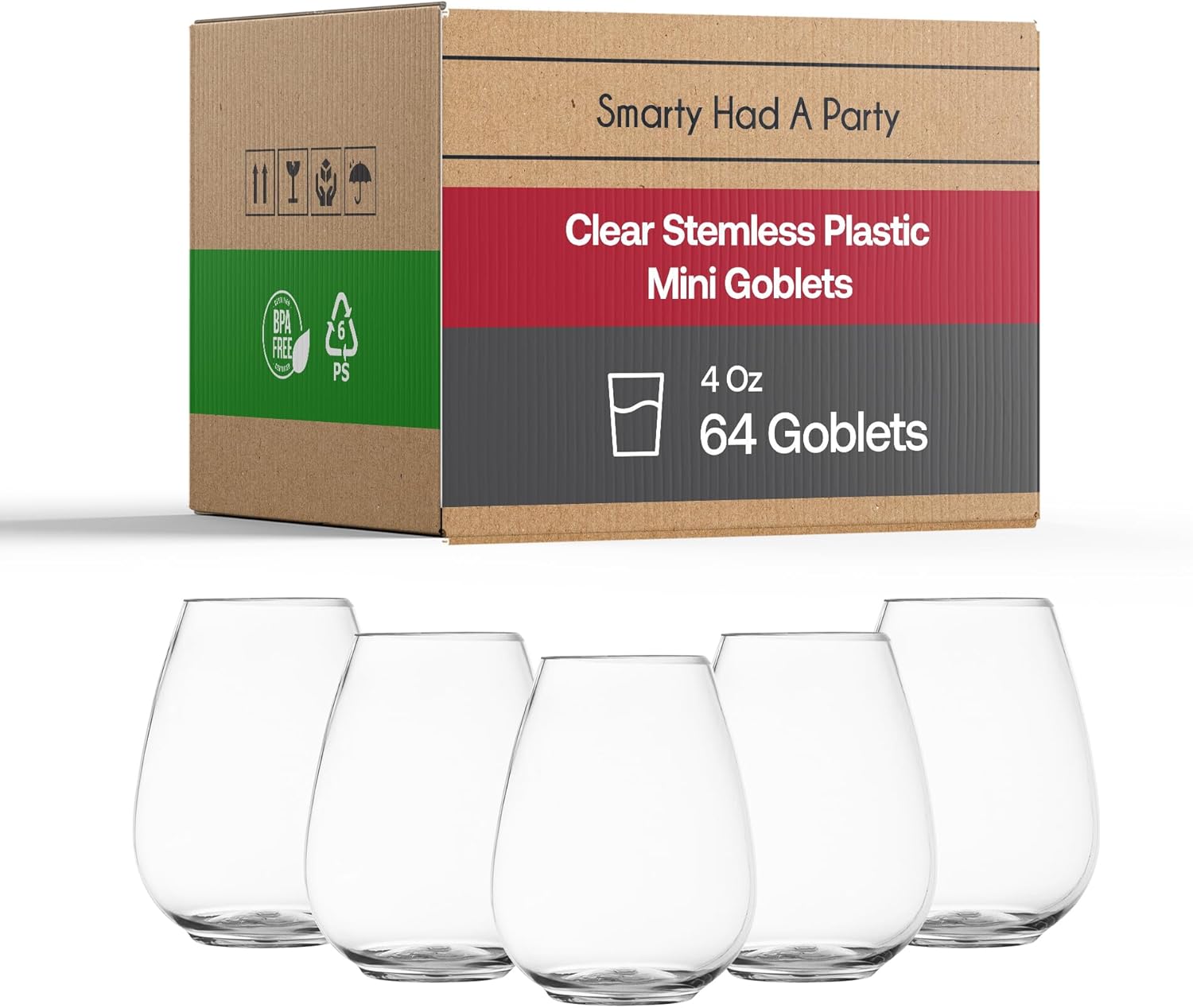 Smarty Had A Party 4 oz Plastic Stemless Wine Glasses (64 Pieces) Disposable Goblets & Plastic Water Goblets for Wedding Bulk Wine Glasses Disposable Classy for Toast, for Tastings and Parties