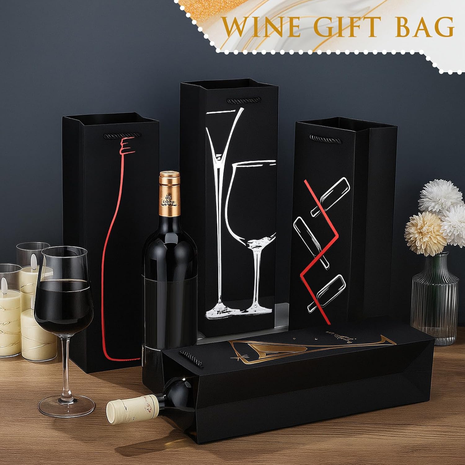 Ovveroche 20 Pack Wine Gift Bags with Handles, Reusable Wine Bottle Gift Bags for Liquor Champagne, Metallic Foil Designs for Christmas Thanksgiving Halloween Holiday Birthday Party
