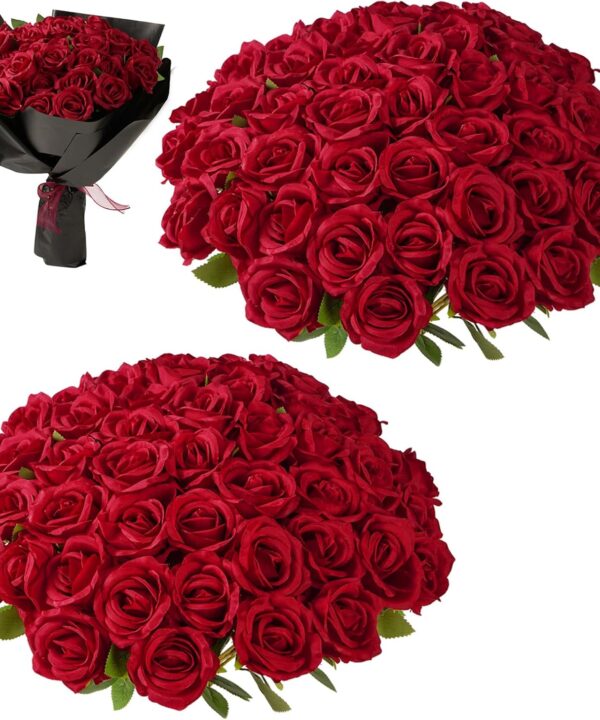 Red Roses Artificial Flowers Bulk, 52Pcs Fake Roses Flower Arrangement, DIY Silk Flowers Roses Bouquet, Realistic Faux Artificial Roses for Mother's Day Home Table Decor