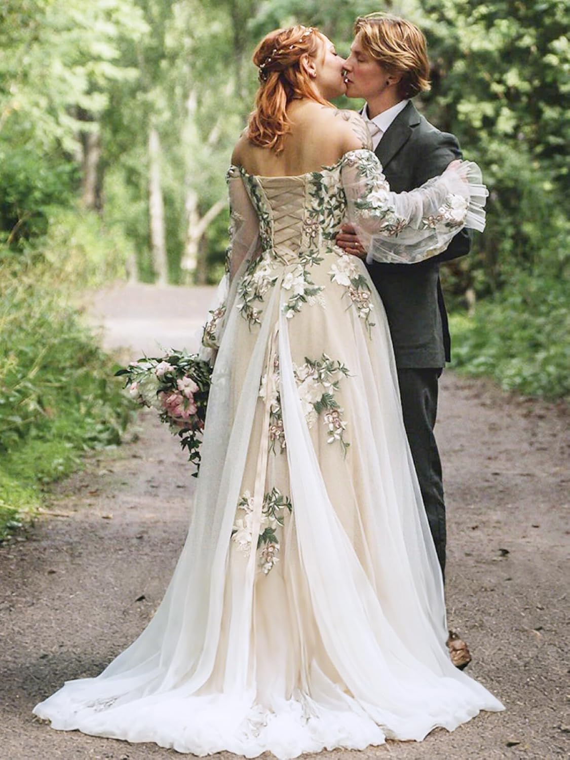 A Line Wedding Dresses for Bride 2025 Long Sleeves Floral Wedding Ball Gowns Off Shoulder Flowy Tulle Bridal Dress