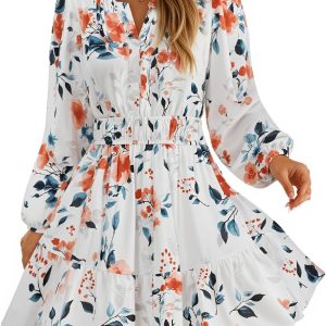 ZESICA Fall Wedding Guest Dresses for Women 2025 Casual Long Sleeve Floral Boho V Neck A-Line Mini Dress with Pockets