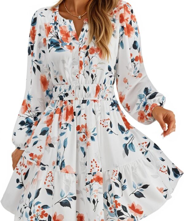 ZESICA Fall Wedding Guest Dresses for Women 2025 Casual Long Sleeve Floral Boho V Neck A-Line Mini Dress with Pockets