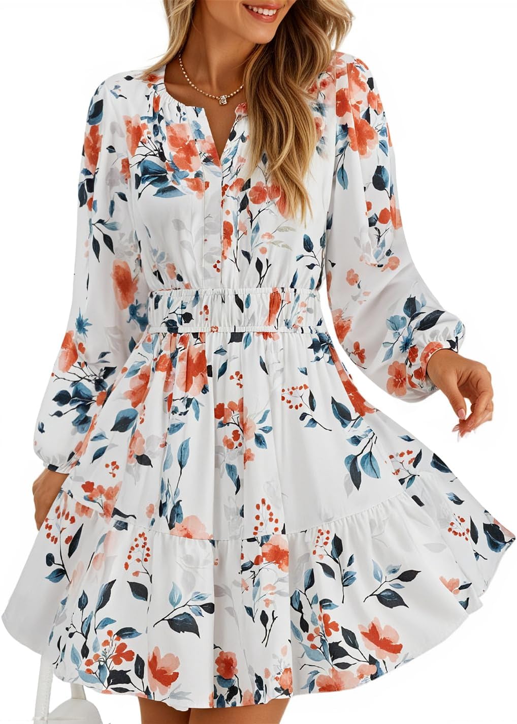 ZESICA Fall Wedding Guest Dresses for Women 2025 Casual Long Sleeve Floral Boho V Neck A-Line Mini Dress with Pockets