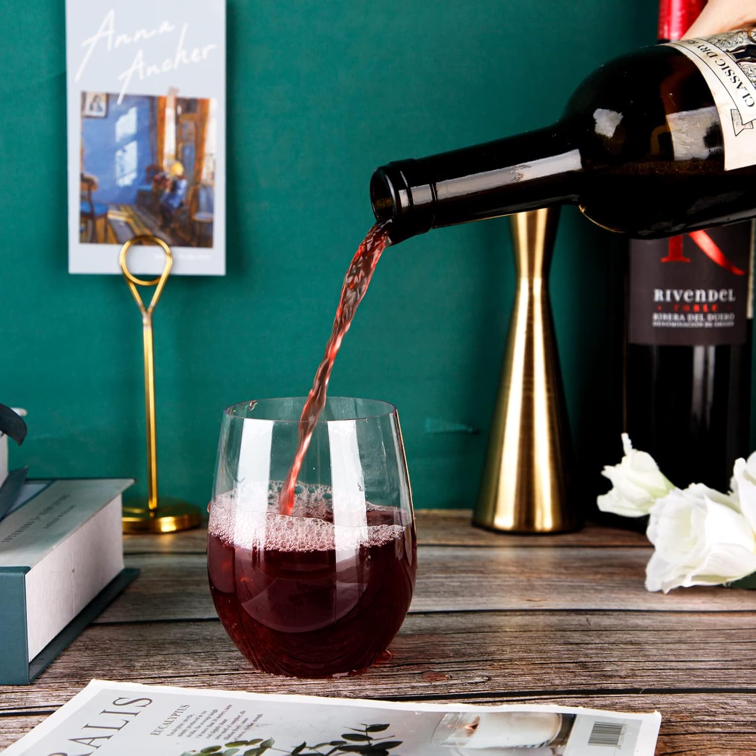 SUT Clear Disposable Wine Glasses Stemless, 12oz Unbreakable Cups 32 Pack, Shatterproof, Recyclable, Heavy Duty Plastic Wine Glasses for Parties Disposable