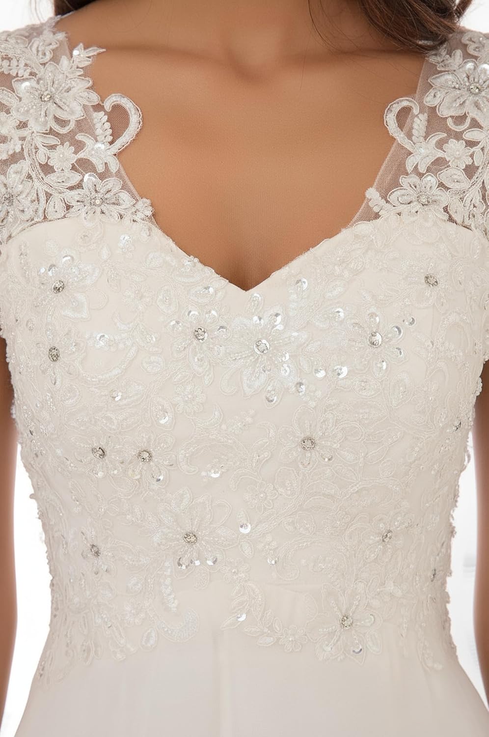 Abaowedding Women’s Wedding Dress Lace Double V-Neck Sleeveless Evening Dress