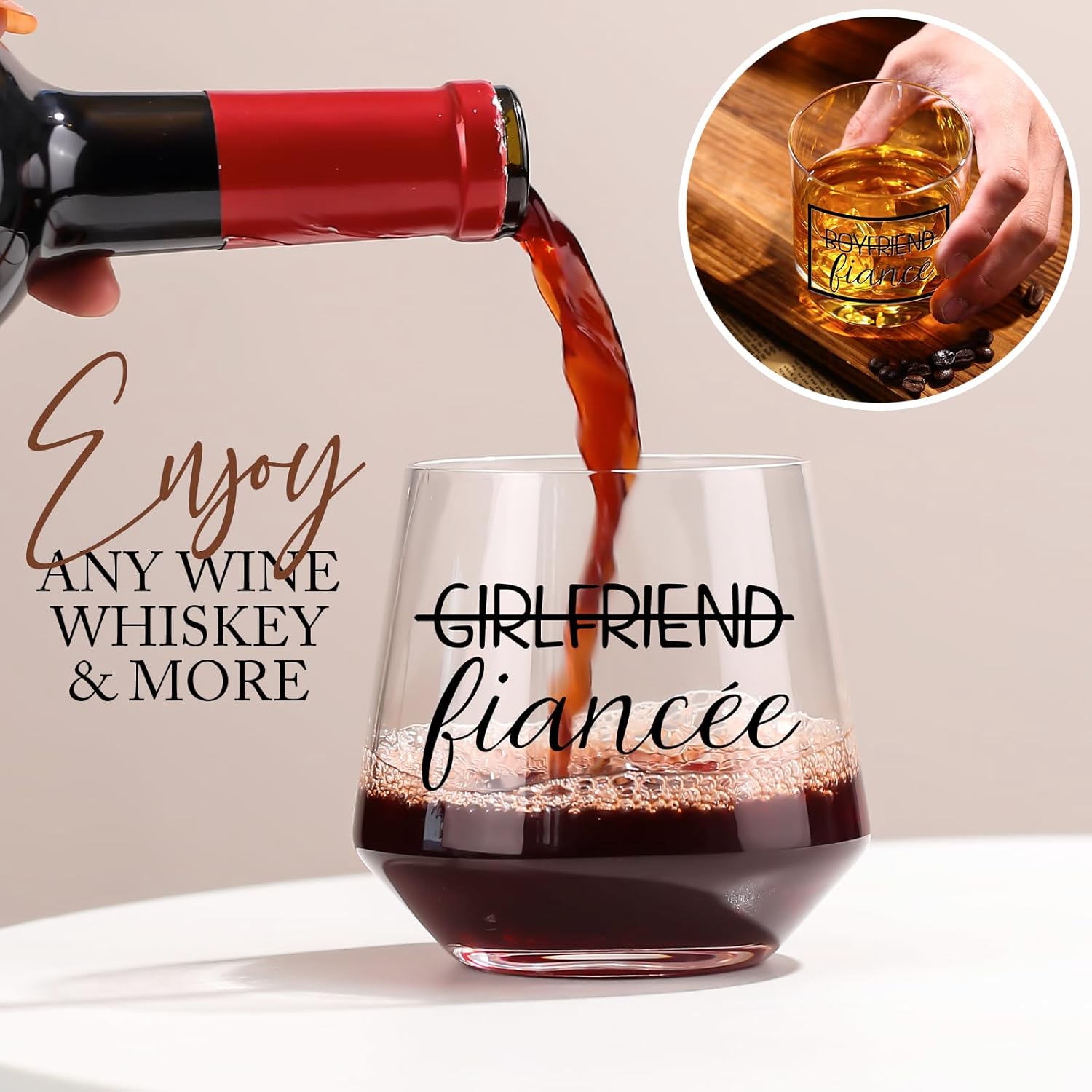 comfit Fianc Engagement Gifts for Couples – Stemless Engagement Wine & Whiskey Glasses for Newly Engaged Couples, Mr and Mrs, Wedding Planning Wine Bag