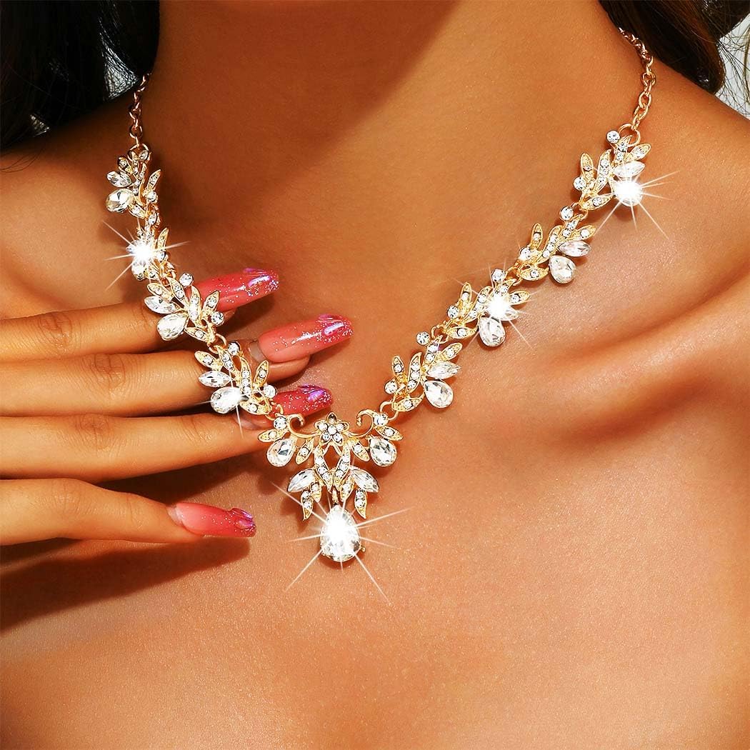 Sixexey Bridal Wedding Jewelry Set Gold Crystal Rhinestone Neck Jewelry Prom Costume Jewelry Necklace for Women
