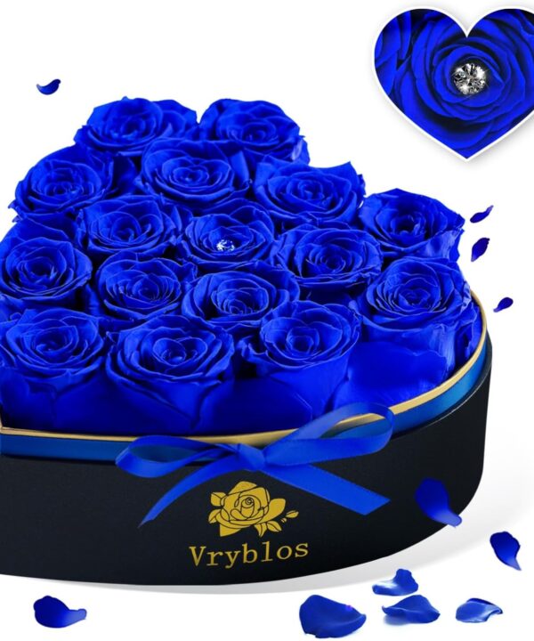 Forever Blue Roses in a Box Heart Shaped 16 Preserved Flowers for Delivery Grade A Quality 100% Real Immortal Flower Eternal Birthday for Her Mom Women Wife Girlfriends (Heart-Blue)