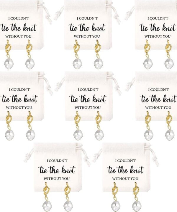 Tondiamo 8 Sets Bridesmaids Gifts Bridesmaid Pearl Jewelry Bridesmaid Knot Pearl Earrings and Linen Cotton Small Drawstring Bags Wedding Bridesmaids Gifts I Couldn't Tie the Knot Without You