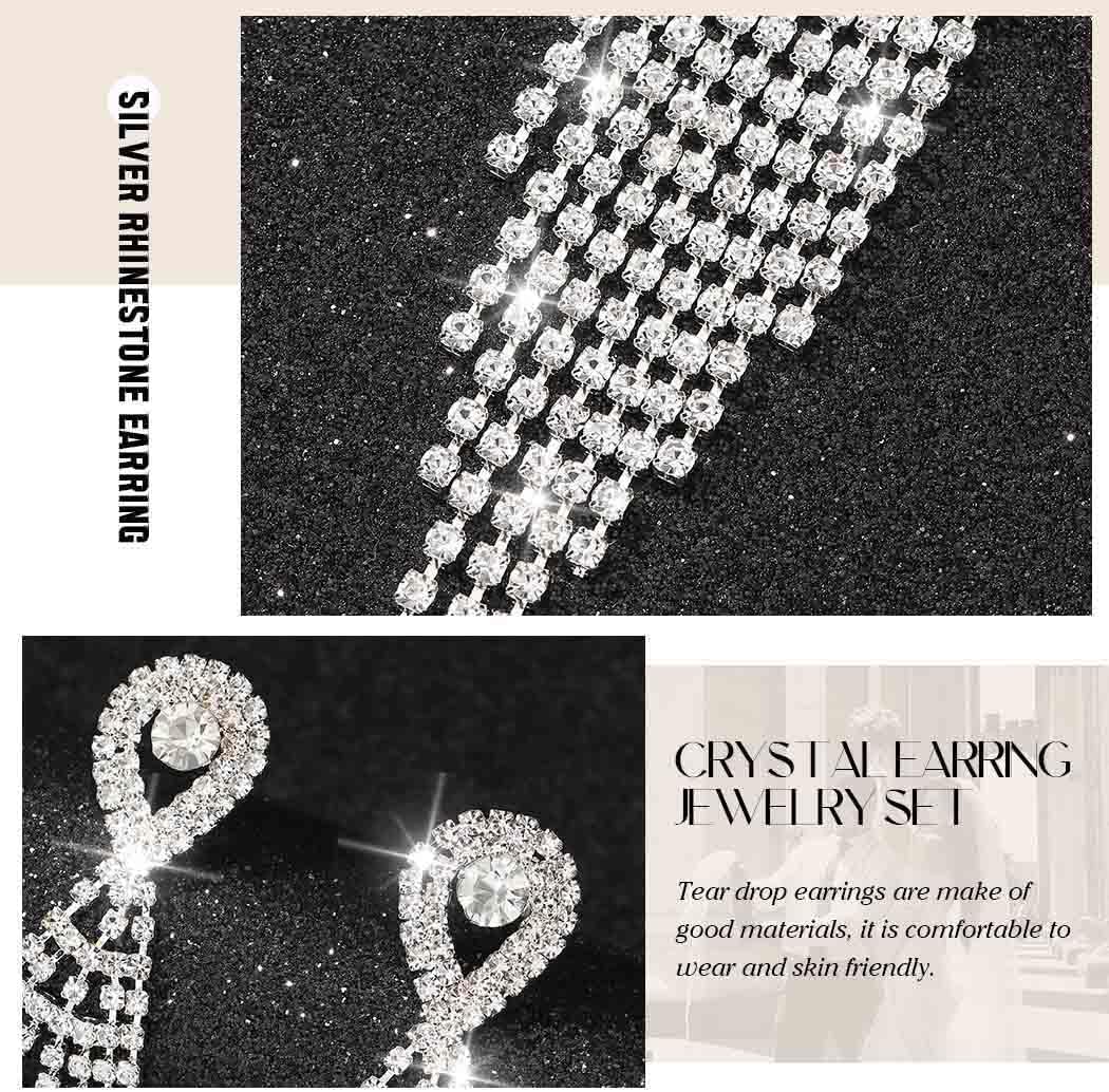 Unicra Long Tassel Rhinestone Earrings Silver Diamond Dangle Earrings Jewelry Sets Crystal Bridal Wedding Earrings Accessories for Women and Brides