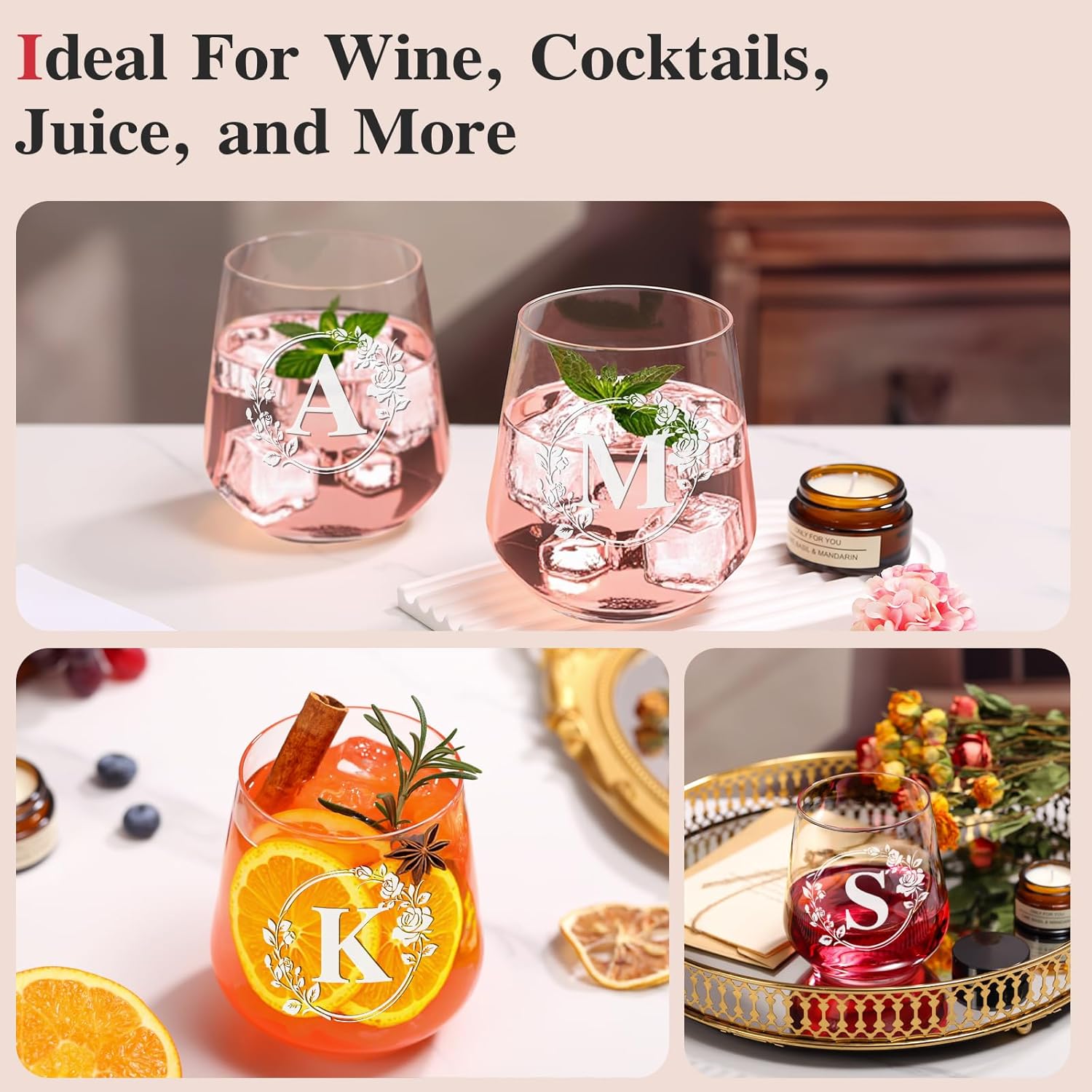 Personalized Stemless Wine Glass – Custom Engraved Monogrammed Initial Glasses,Bridal Shower, Birthday, Wedding, or Engagement Gift for Women Her-A