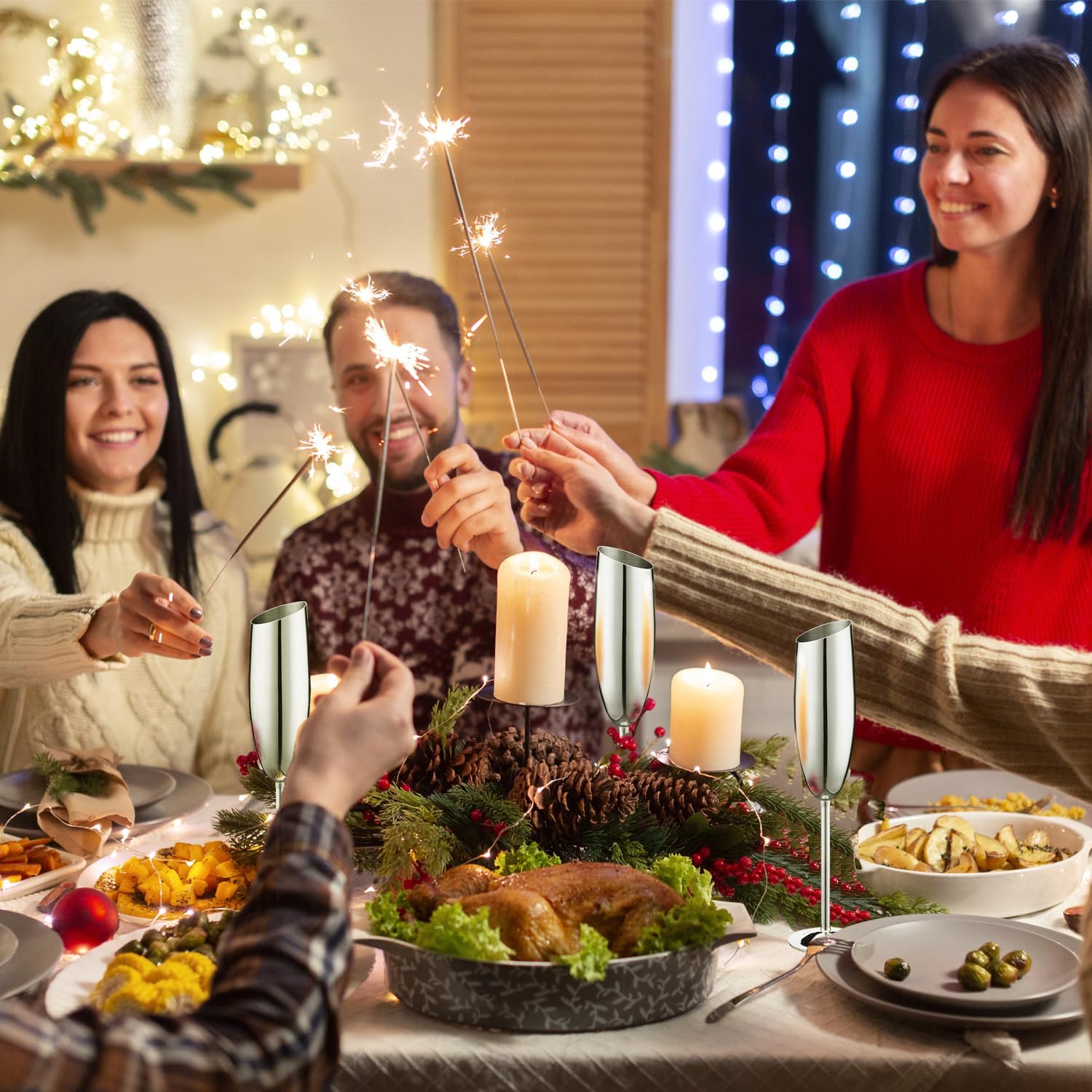 Silver Champagne Glasses Set of 2,8.2oz Stemmed Stainless Steel Unbreakable Champagne Flutes, Vintage Tall Metal Wine Glasses for Drinking Toasting Anniversary Wedding Christmas