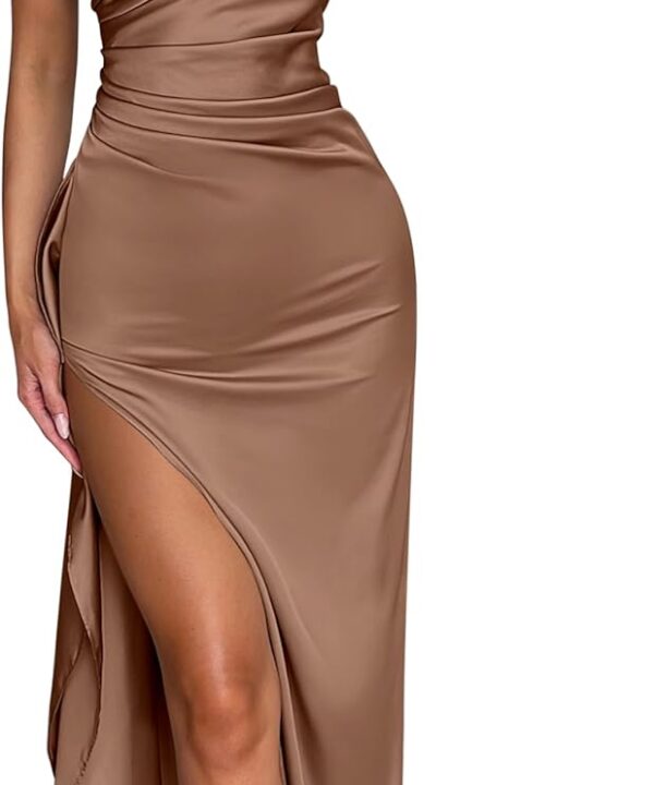 Caracilia Womens Wedding Guest Maxi Dress 2025 Fall One Shoulder Sleeve Satin Bodycon High Split Cocktail Formal Prom Dresses