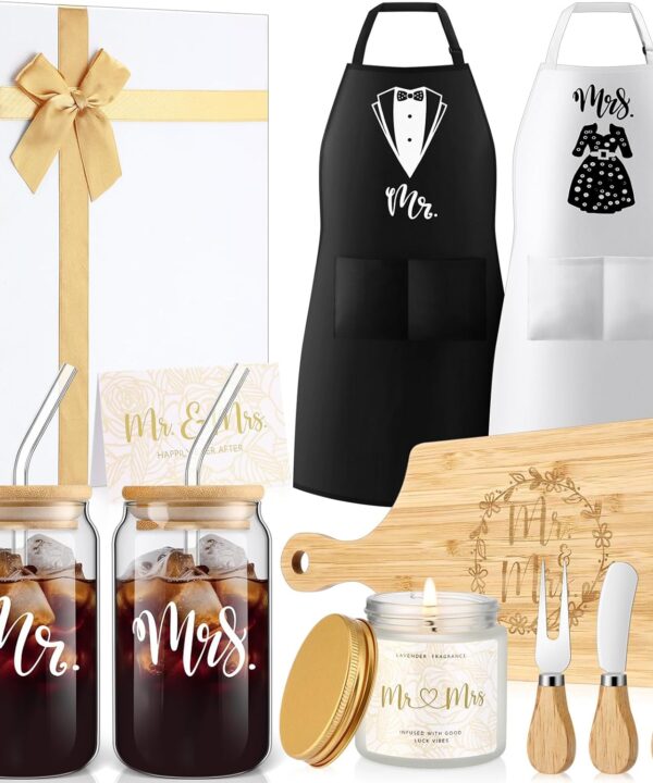 12 Pcs Wedding Gifts for Couples First Christmas Married Mr Mrs Glass Cups Aprons Charcuterie Board Candle Butter Knife Box for Newlywed Bridal Shower Engagement Anniversary His Her
