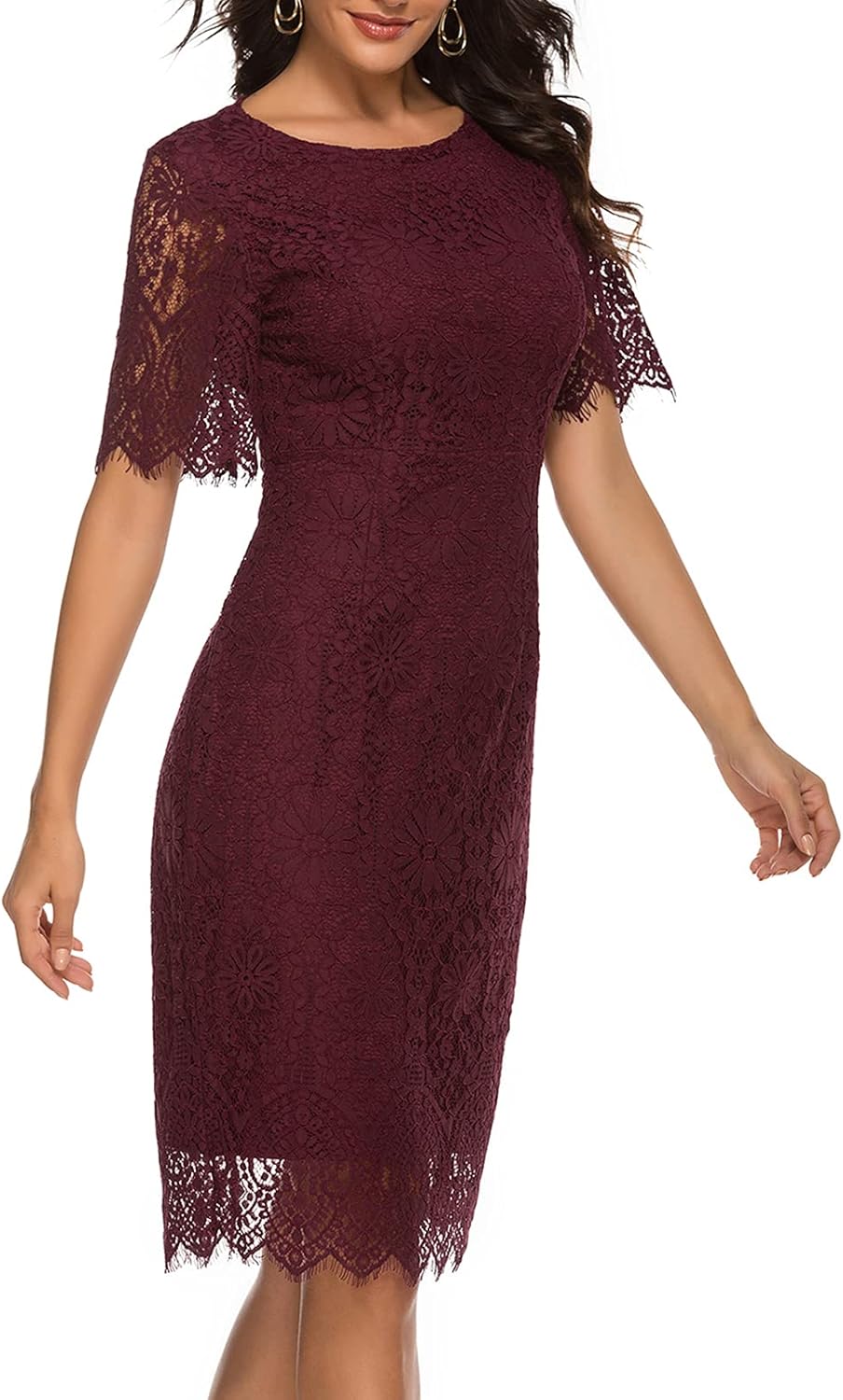 MEROKEETY Womens Short Sleeve Lace Floral Cocktail Dress Crew Neck Knee Length for Party