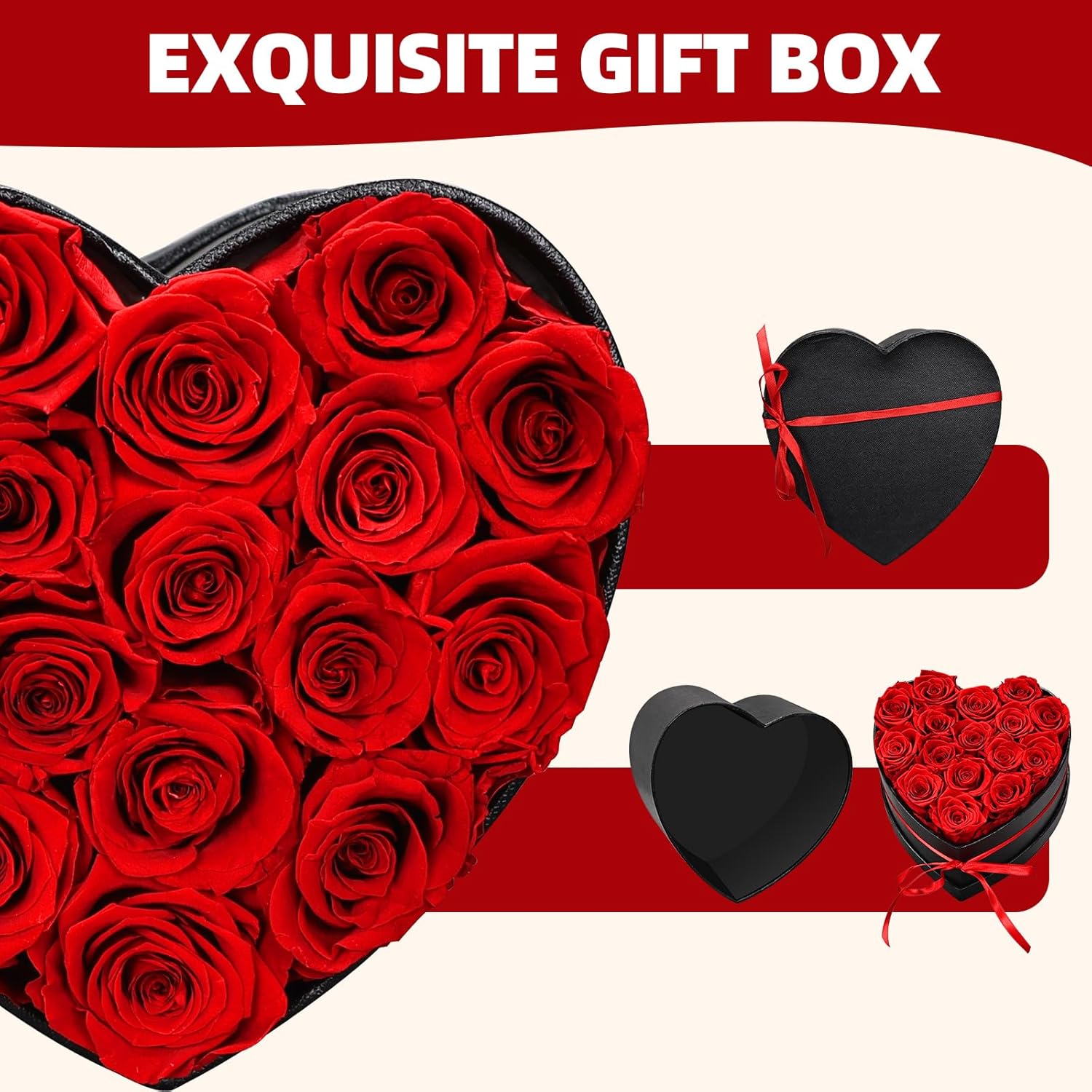 Preserved Red Roses Gift Box, 16 Roses in Black Box with Bow, Forever Flowers for Birthday, Valentines Day Mothers Day (Red -16)