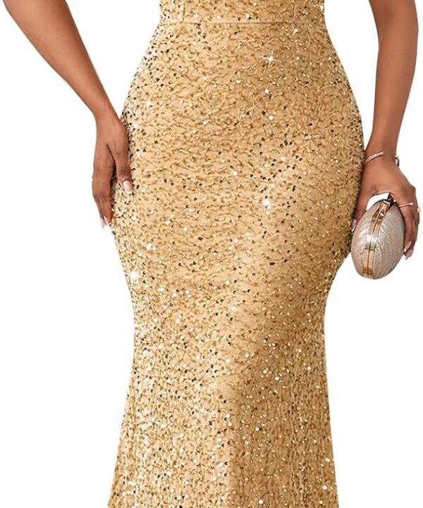 Women Sexy Sequin Off Shoulder Ruffle Short Sleeve Bodycon Mermaid Party Formal Evening Maxi Dress