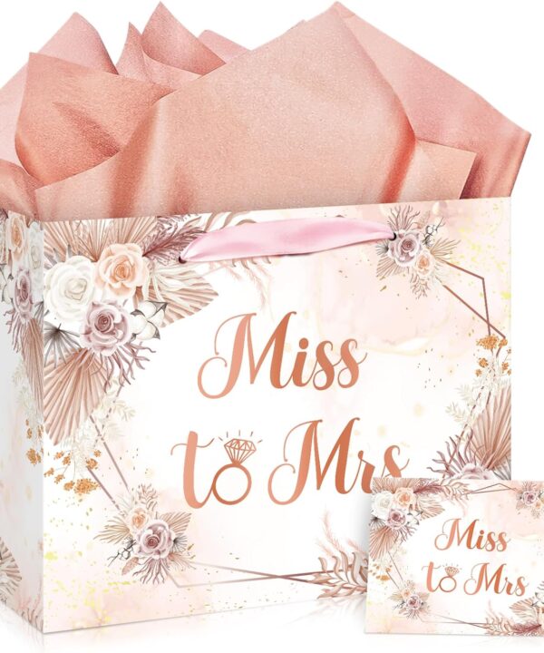 Yomaiha Bridal Shower Gift Bag Wedding Miss to Mrs Gifts Bag with Tissue and Card Bridal Shower Gift Wrapping Paper Bag Floral Boho Wedding Gift Bags Bride Engagement Bachelorette Party Bag
