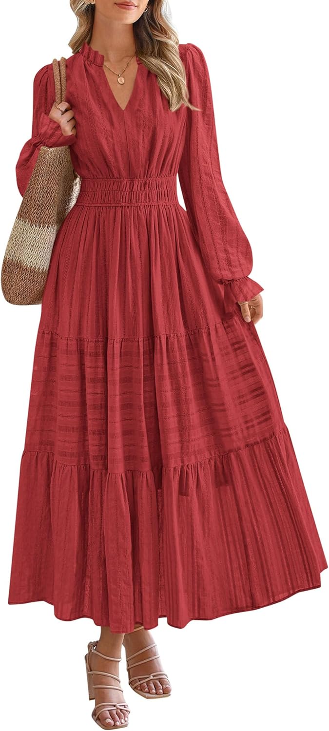 PRETTYGARDEN Women's 2025 Fall Wedding Guest Dresses Long Sleeve V Neck Flowy Elegant Holiday Party Maxi Dress with Pockets