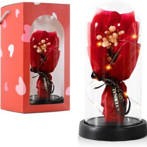 Preserved Flowers Bouquet for Her, Forever Fresh Flowers for Delivery Prime, 3 Red Roses in Glass Dome Valentines Mothers Day Gifts for Mom Wife Sister