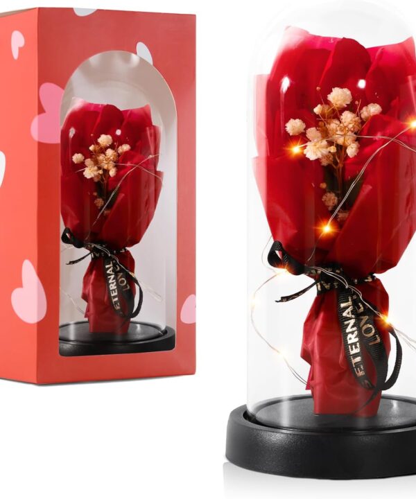 Preserved Flowers Bouquet for Her, Forever Fresh Flowers for Delivery Prime, 3 Red Roses in Glass Dome Valentines Mothers Day Gifts for Mom Wife Sister