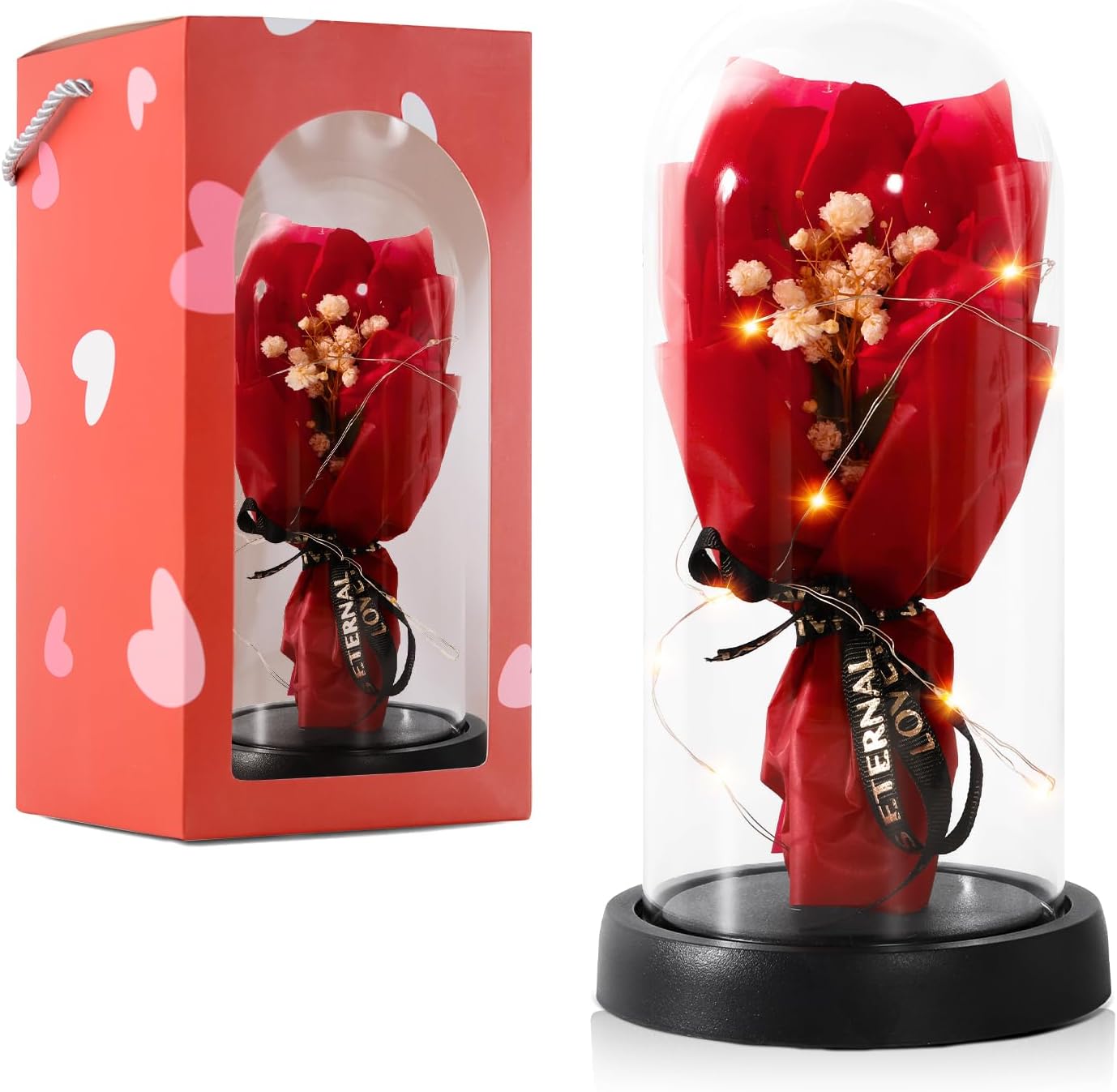 Preserved Flowers Bouquet for Her, Forever Fresh Flowers for Delivery Prime, 3 Red Roses in Glass Dome Valentines Mothers Day Gifts for Mom Wife Sister