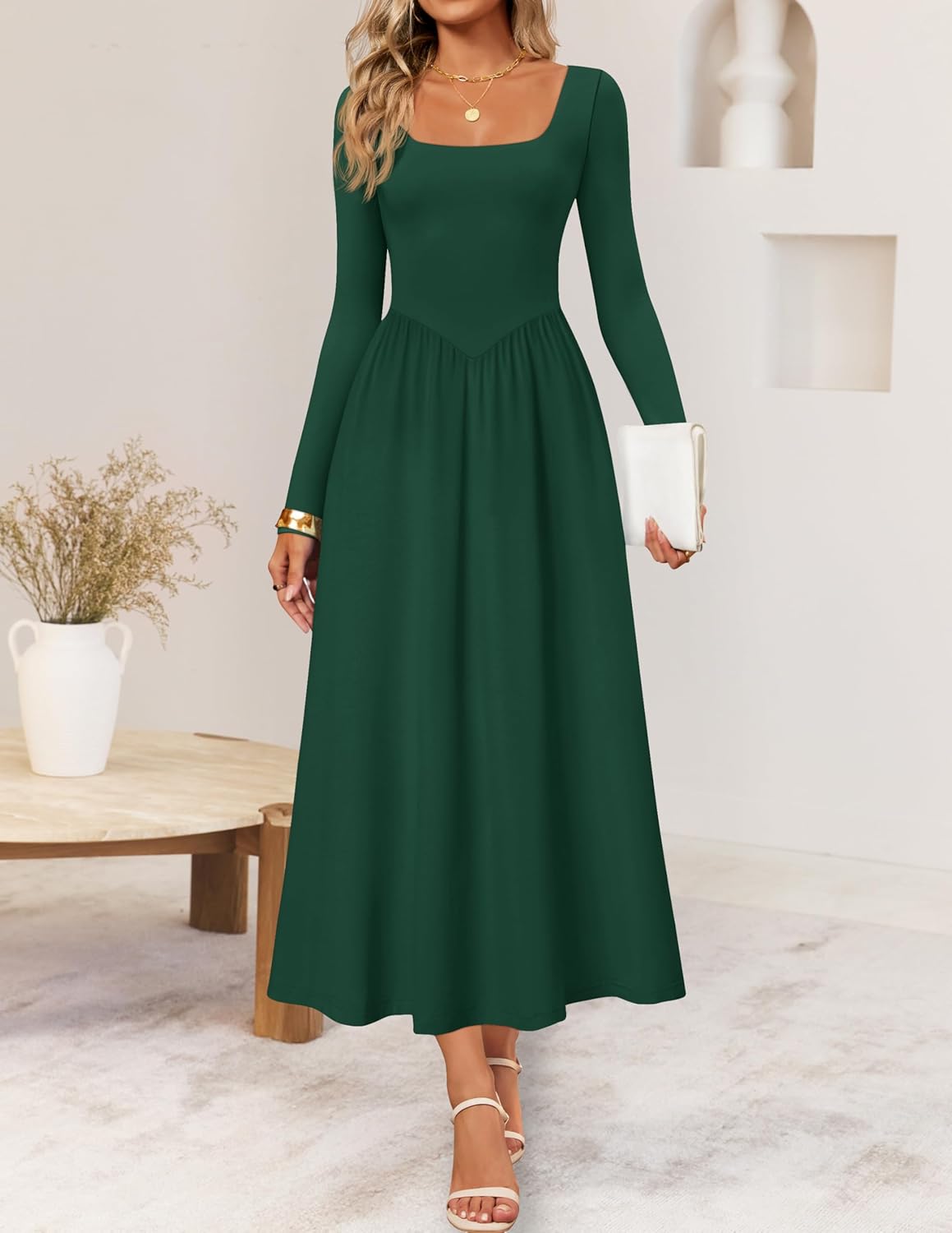 ZESICA Fall Dresses for Women 2025 Elegant Classy Square Neck Long Sleeve Flowy Wedding Guest Party Midi Dress