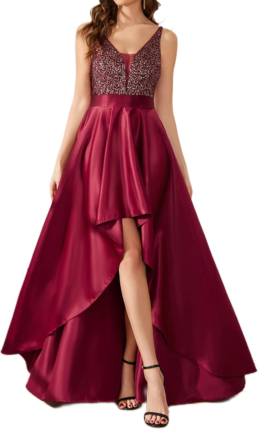 Ever-Pretty Women's Sexy V-Neck A-line High-Low Backless Sequin Wedding Guest Dress 00667