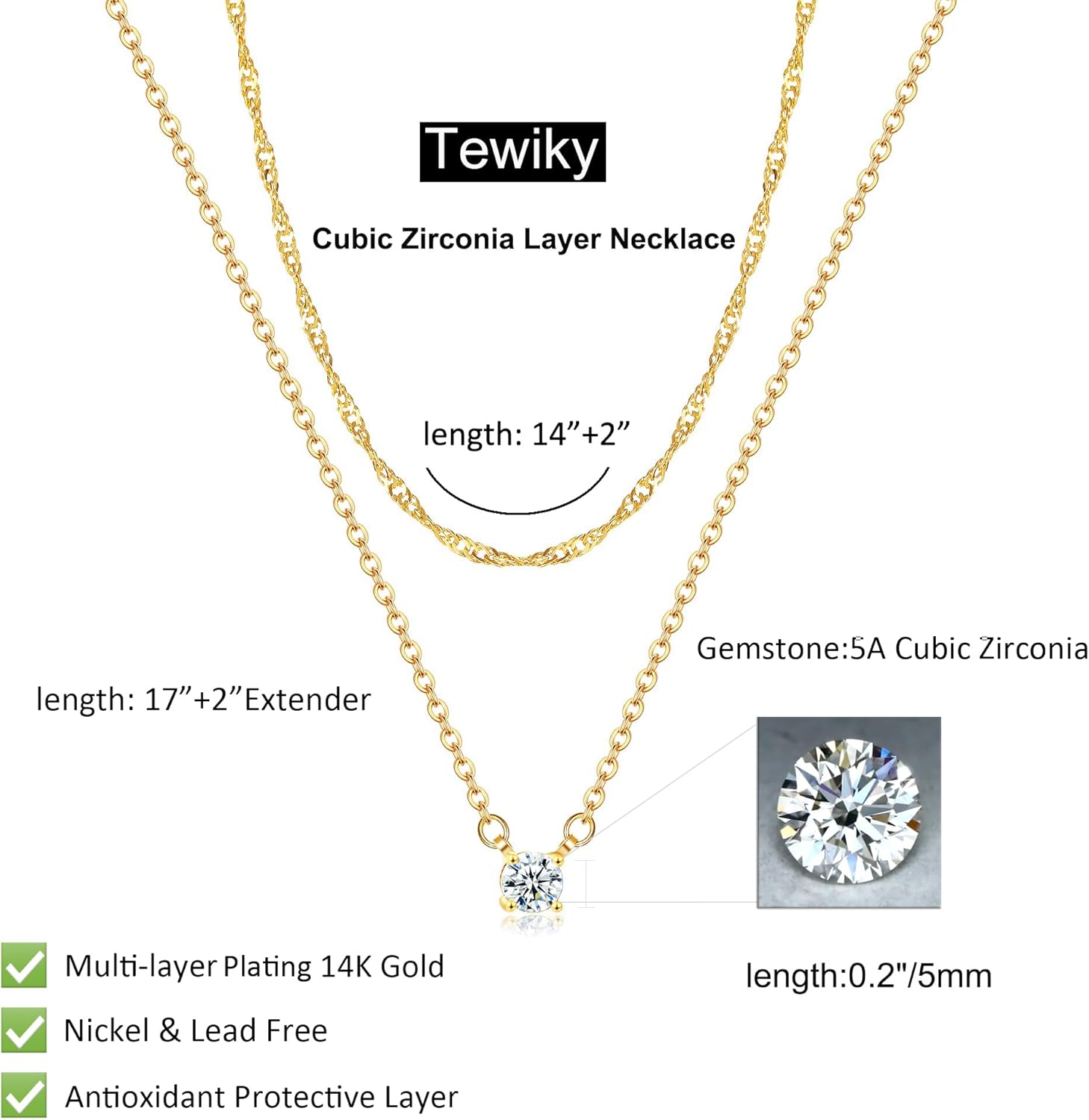 Tewiky Dainty 14k Gold Plated/Silver Cubic Zirconia Necklaces for Women, Simple CZ Jewelry Necklaces Trendy Gifts