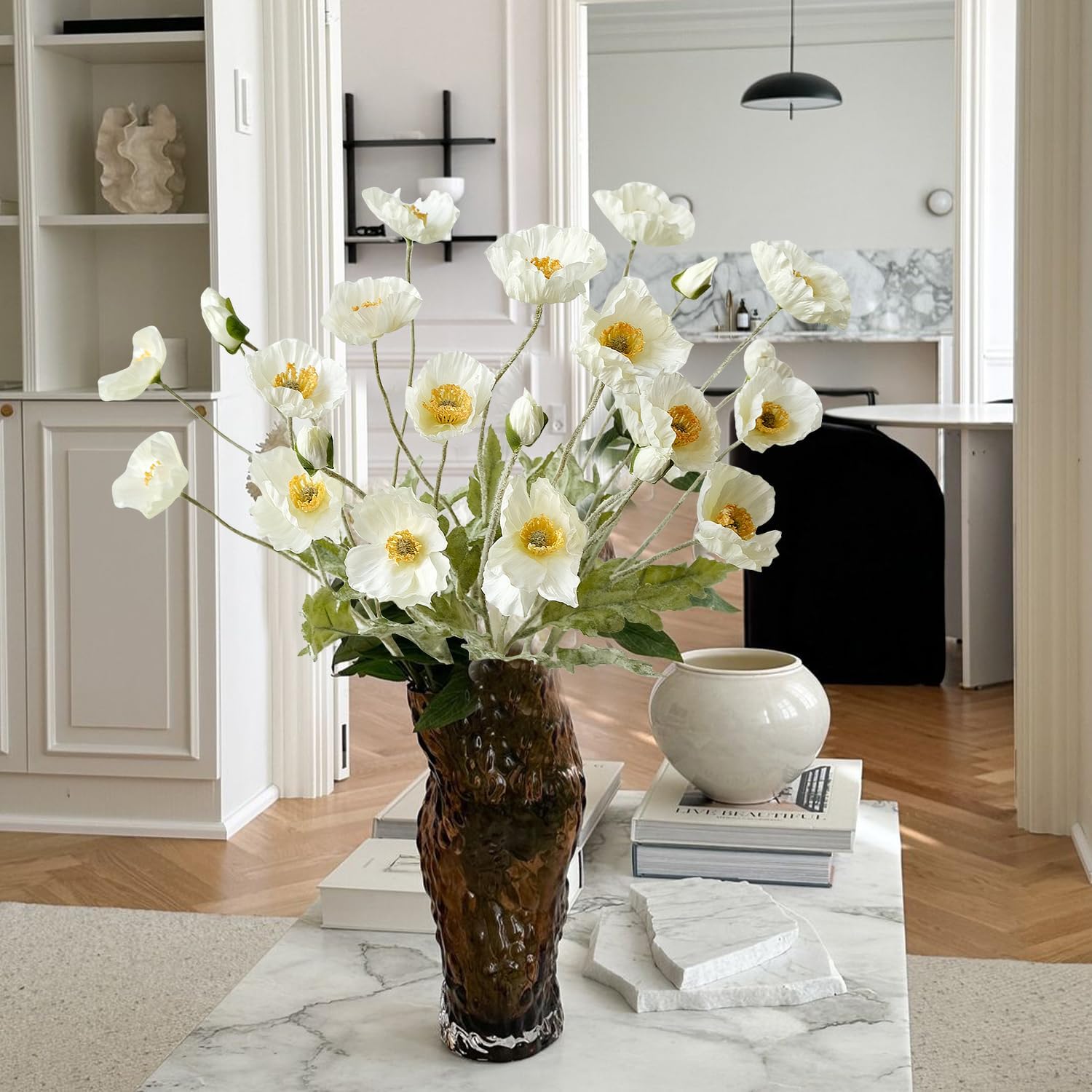 White Poppy Silk Flowers, 6pcs Lifelike Artificial Plants & Flowers, Faux Poppies Bouquet with Long Stems for Spring Kitchen Table Centerpiece Wedding Baby Shower Home Cemetery