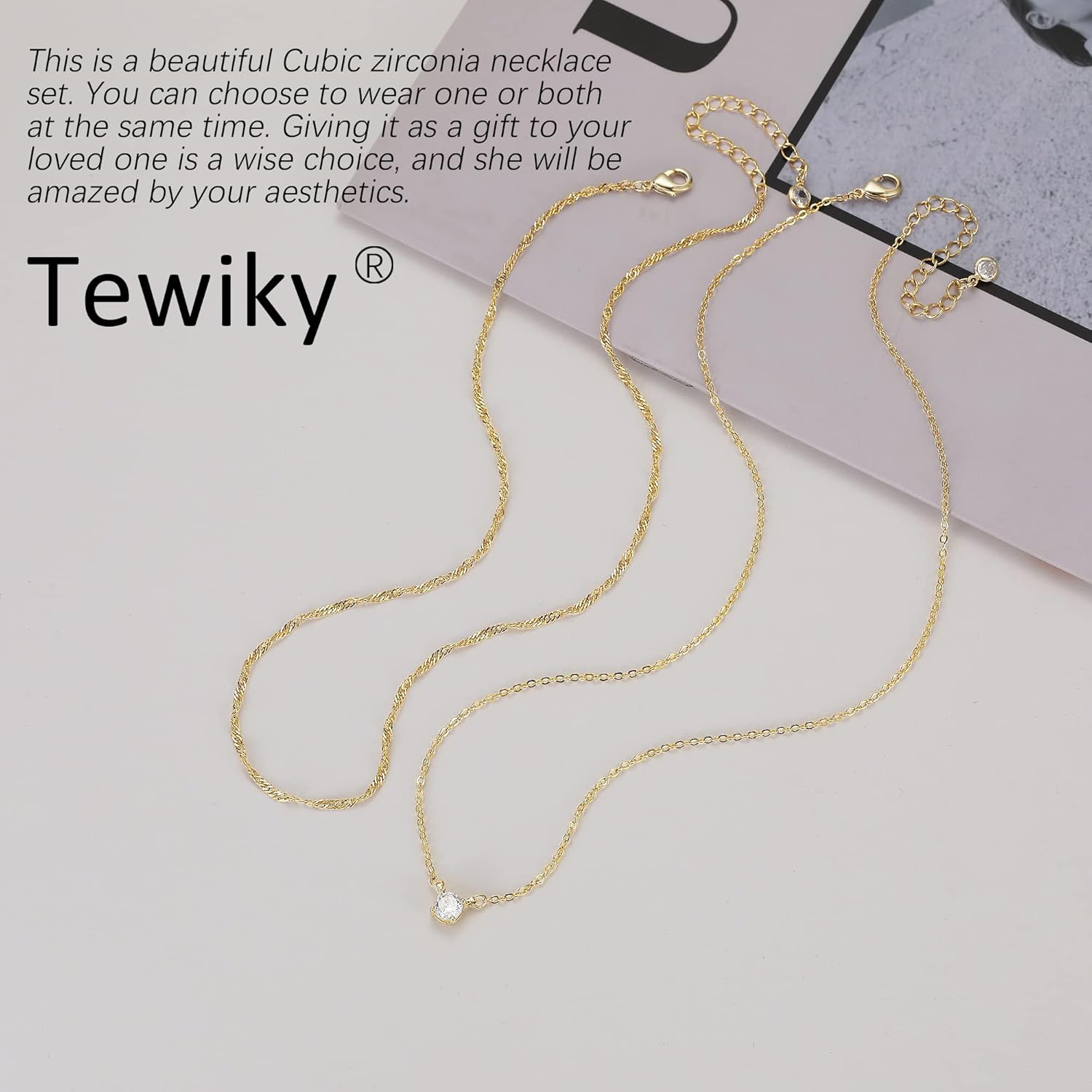 Tewiky Dainty 14k Gold Plated/Silver Cubic Zirconia Necklaces for Women, Simple CZ Jewelry Necklaces Trendy Gifts