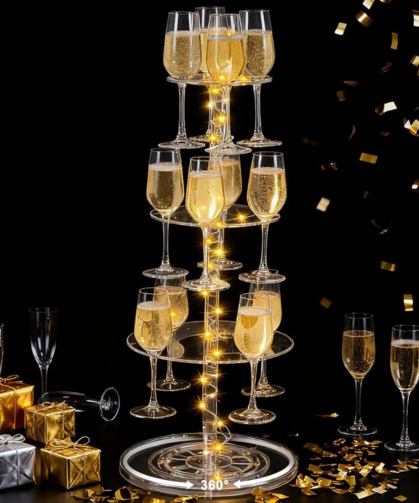 LemonRoad Roating 3-Tier Acrylic Champagne Tower with String Lights?Not include champagne glass ?, 12-Slot Glass Holder Cocktail Tree Stand Wine Rack Roating for Parties, Weddings, Celebrations