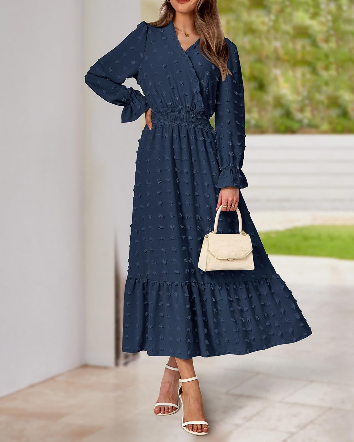 BTFBM Women Fall Maxi Dresses 2025 Long Sleeve V Neck Swiss Dots High Waisted A-Line Ruffle Boho Long Dress Vacation