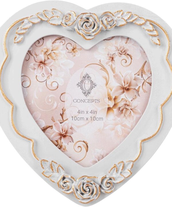 Concepts 4x4 White And Gold Resin Heart Shaped Picture Frame With HD Clear Glass, Extra Durable Photo Frames - Tabletop Display (White, 1 Pack)