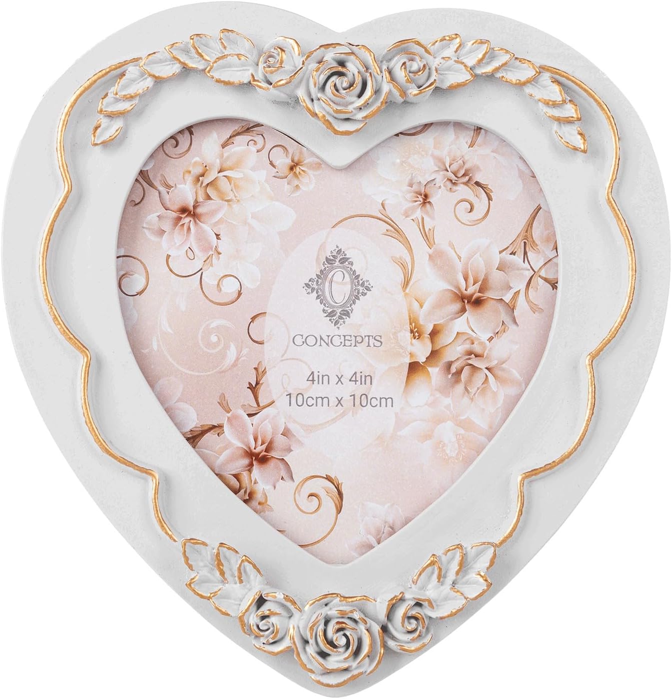 Concepts 4x4 White And Gold Resin Heart Shaped Picture Frame With HD Clear Glass, Extra Durable Photo Frames - Tabletop Display (White, 1 Pack)