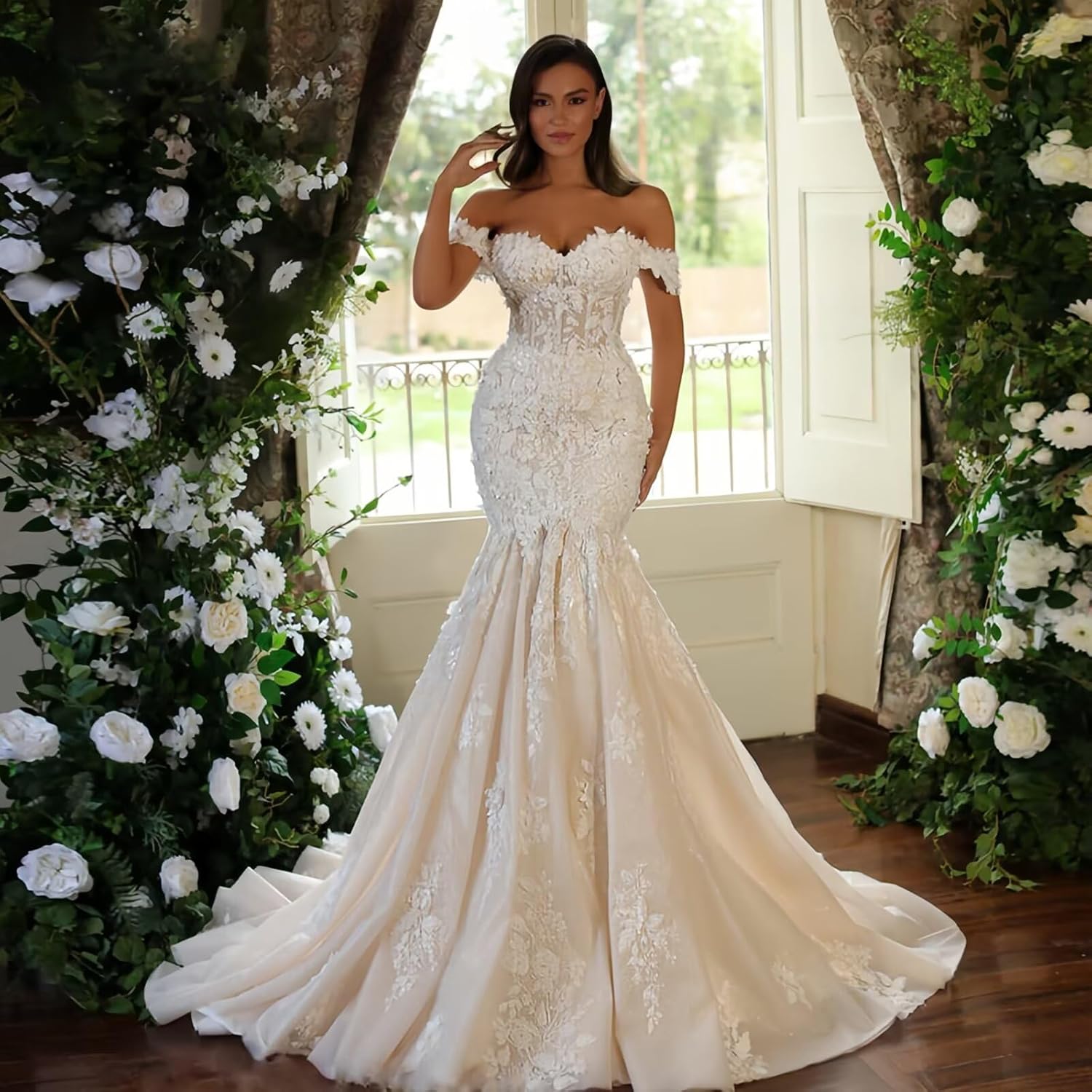 Zeeyecie Off Shoulder Tulle Wedding Dresses Mermaid Lace Applique V-Neck Sparkly Bridal Gowns with Train for Brides