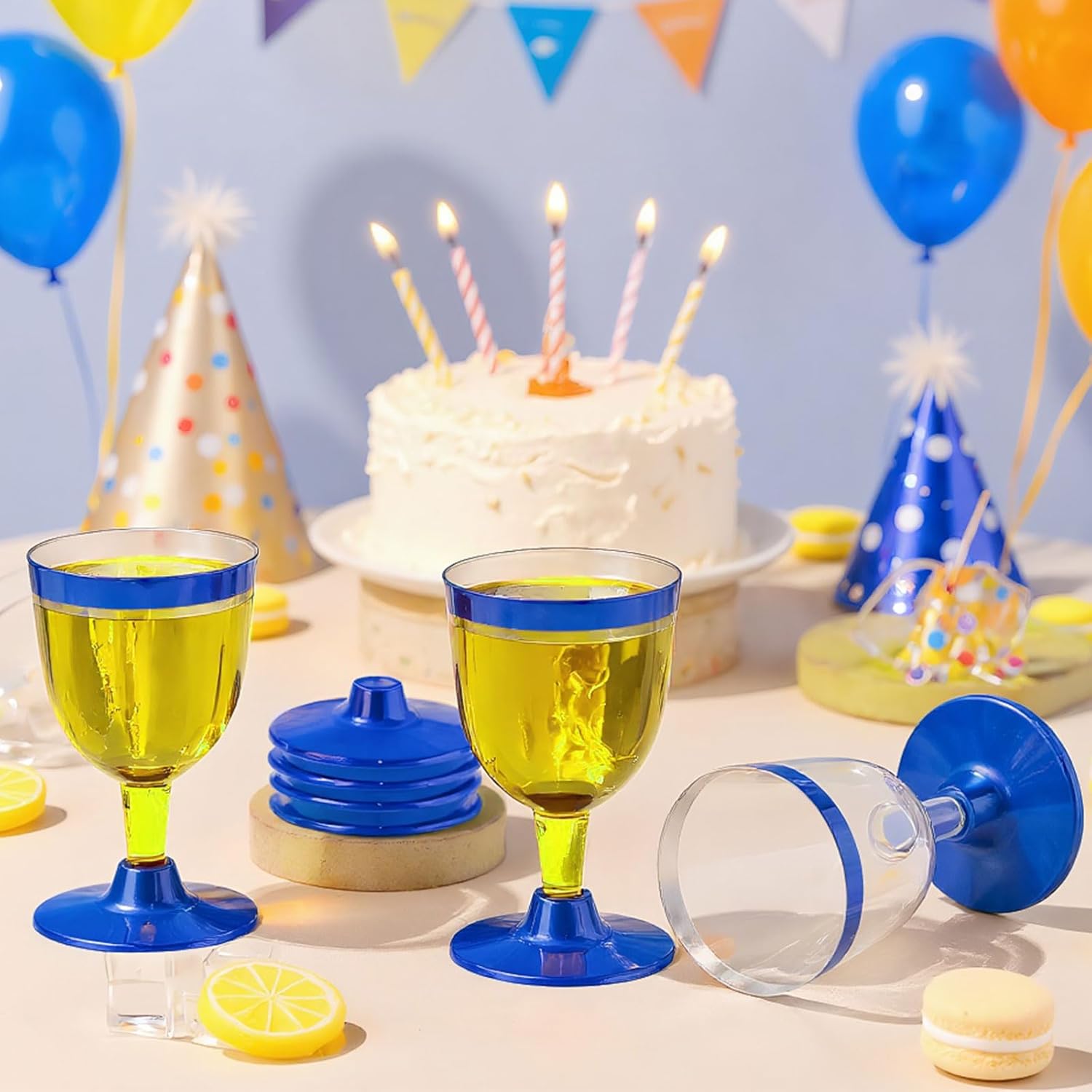 100 Pcs Blue Rimmed Cups Plastic Wine Glasses Disposable Champagne Flutes 6 oz Wine Cups Clear Toasting Glasses Mini Stemware for Wedding Bridal Shower Bachelorette Party