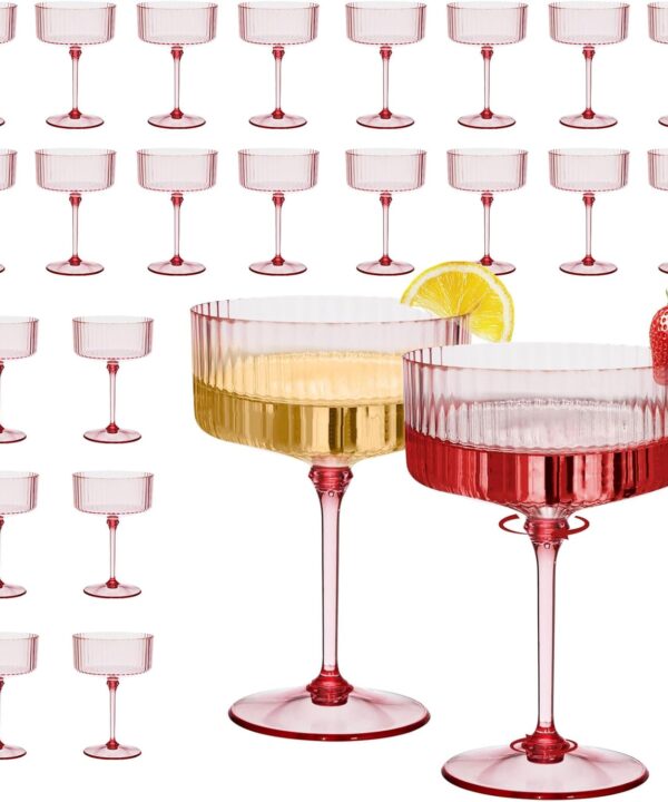 24Pcs Plastic Martini Glasses with Detachable Stems, 10oz Plasitc Ribbed Coupe Glasses Pink Vintage Cocktail Glassware Set Toasting Glasses for Party Wedding Anniversary